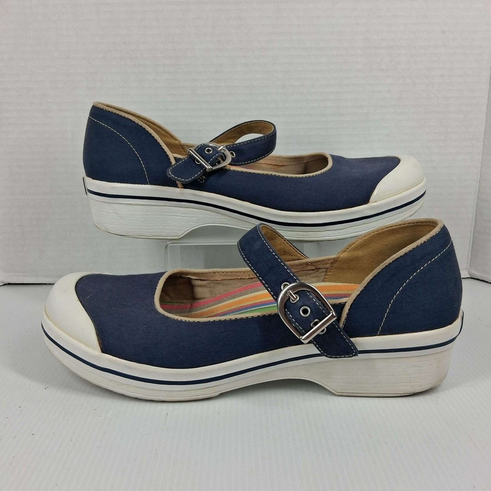 Dansko Vegan Navy Blue Canvas Mary Jane‎ Wedge Clogs Slip Resistant Sz 11.5 READ
